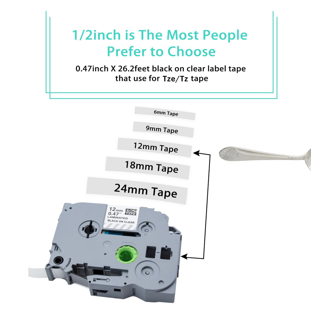 TZe/TZ Tape 12mm 0.47 Laminated Clear Replacement for Brother Ptouch TZe-131 Laminated Black on Clear Label Tape for Brother Label Maker PT-D210, PT-D220, PT-H110, PT-D400, 5-Pack