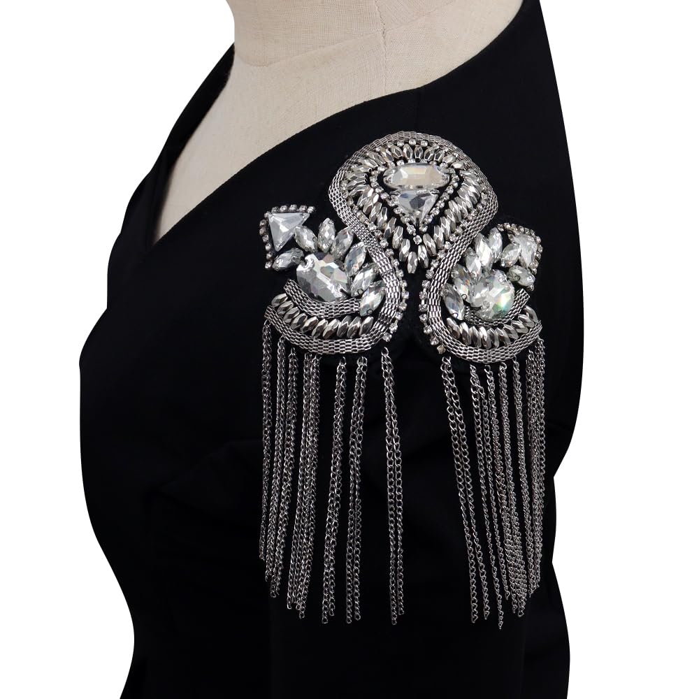 1pair Beaded Rhinestones Blazer Epaulet Kpop Fringe Tassel Metal Shoulder Epaulette Spikes Brooch Women Men Suit Accessories