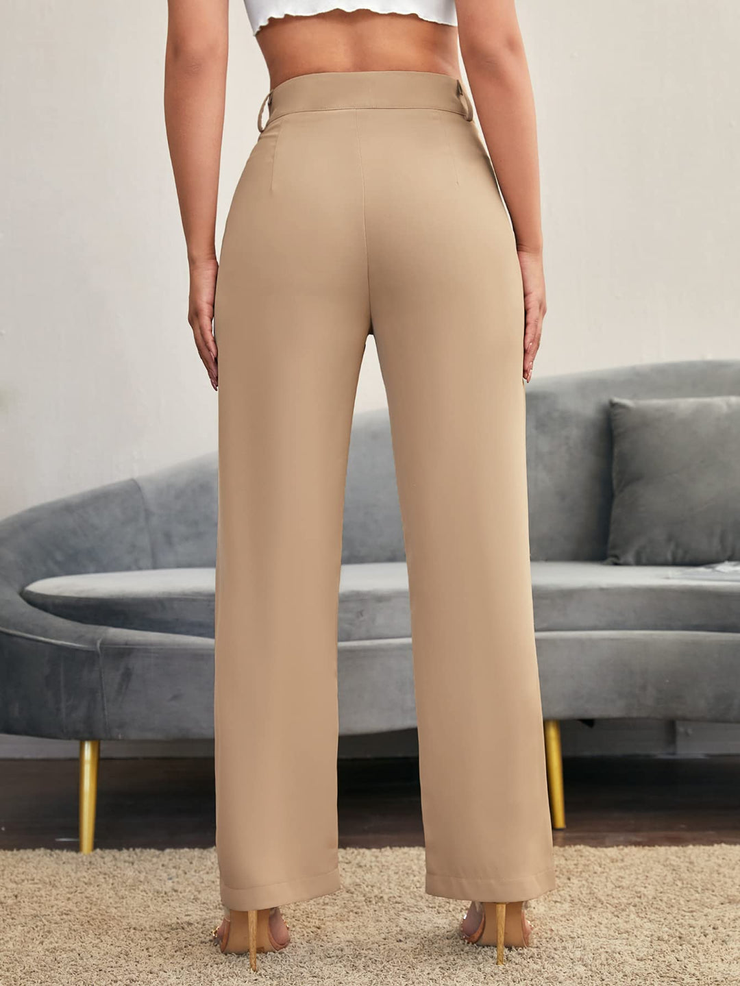 Women&#39;s Elegant High Waist Solid Long Pants Office Trousers Khaki S