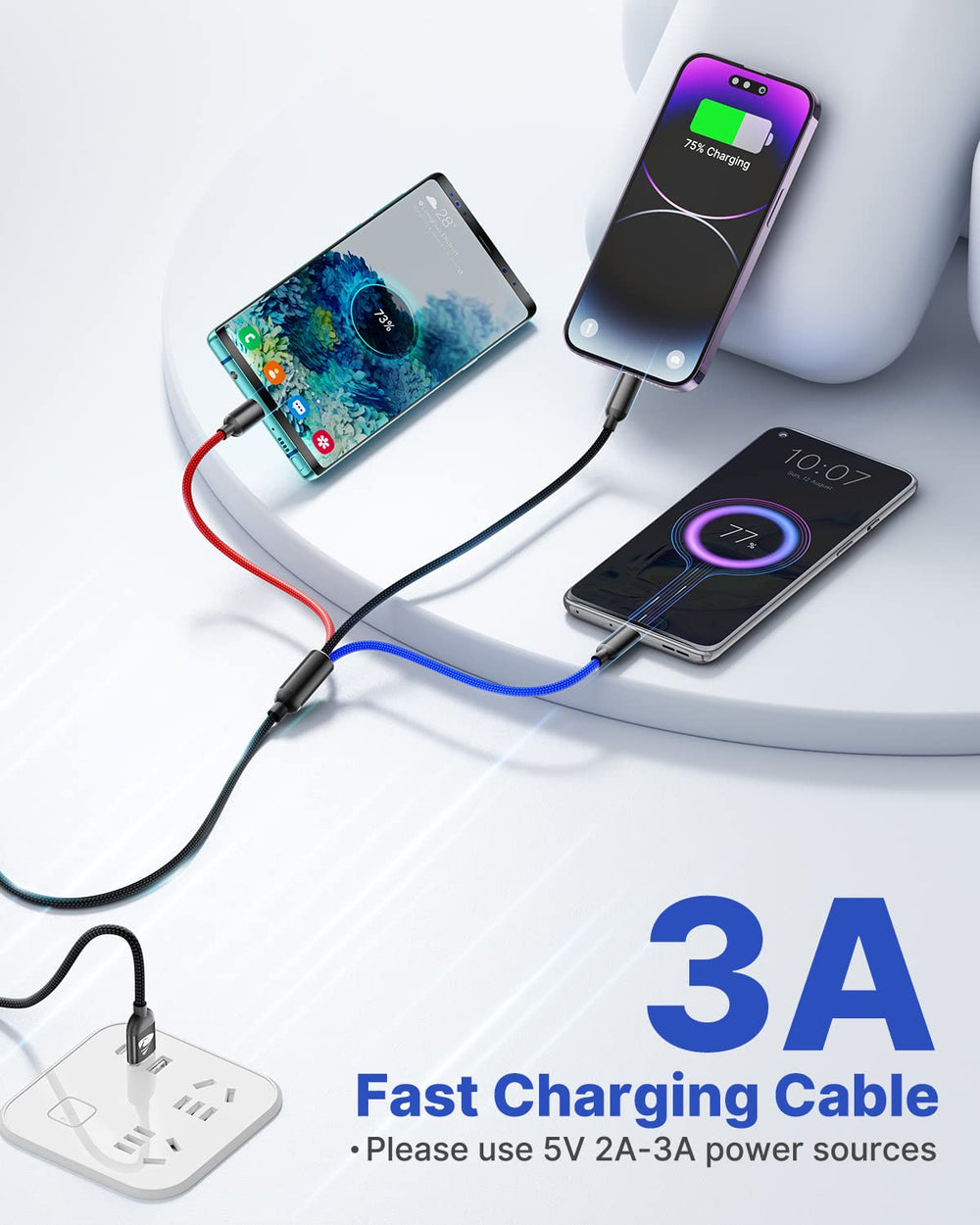 Multi Charging Cable, Multi Charger Cable Nylon Braided 3 in 1 Charging Cable Multi USB Cable Fast Charging Cord with Type-C, Micro USB and IP Port, Compatible with Most Phones & iPads