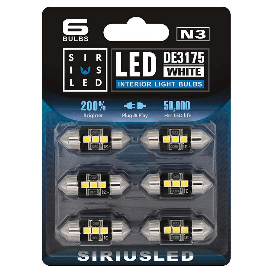 N3 DE3175 LED bulbs Pure white Super Bright LED Festoon 300 Lumens 3030 Chipset for Car Truck Interiors Dome Map Door Courtesy Lights 1.25” 31MM Festoon Pack of 6 Bulbs