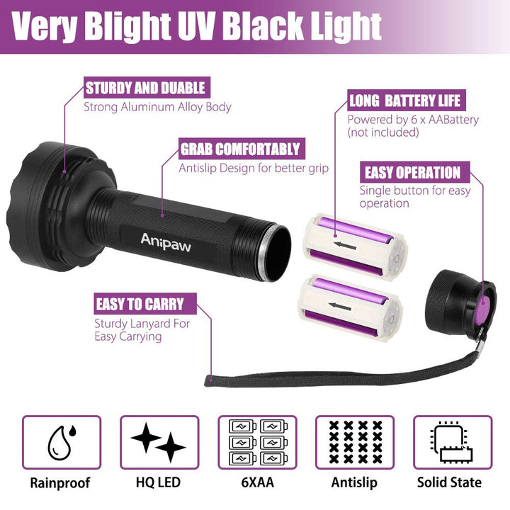 Anipaw UV Black Light Flashlight, Super Bright 100 LED 395 nM Ultraviolet Blacklight Detector for Urine for Dog/Cat, Dry Stains, Bed Bug, Professional Blacklight Flashlight for Scorpions Hunting
