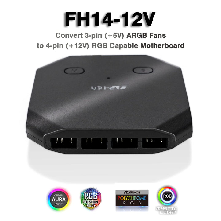 12V RGB to 5V ARGB PC Fan Hub with 6 PWM 4Pin Port,8 5V ARGB 3Pin Port,Support up to 6 4-Pin &amp; 3-Pin Case Fans and Additional 2 ARGB Accessories Black FH14-12V(Only Support 12VRGB Motherboard)