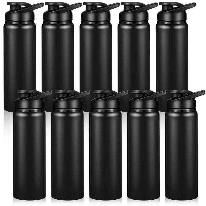 10 Pcs Aluminum Water Bottle 24oz Aluminum Reusable Bottles Lightweight Snap Lid Sports Water Bottle Multipack Easy Carry Leak Proof Travel Bottle for Gym Camping Hiking Outdoor Fishing (Black)