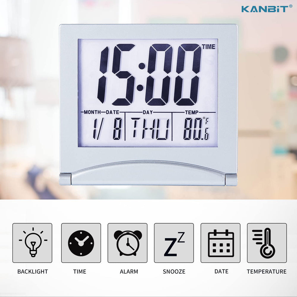 Small Digital Travel Alarm Clock Battery Operated, Portable Large Number Display Loud Alarm Clock with Temperature, Night Backlight, 12/24 H Desk Clock -Silver (White Light)