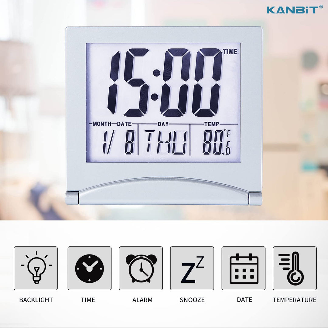Small Digital Travel Alarm Clock Battery Operated, Portable Large Number Display Loud Alarm Clock with Temperature, Night Backlight, 12/24 H Desk Clock -Silver (White Light)