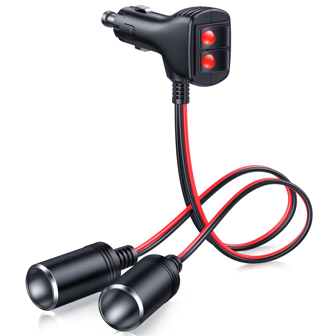 Car Cigarette Lighter Splitter Adapter 2 Socket, 1 to 2 DC 12V 24V Cigarette Lighter Power Charger Port 2-Way Splitter, 5 inch 16AWG Extension Cord Cable UL Wire with 15A Fuses