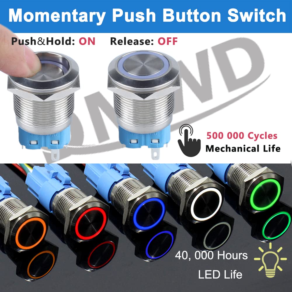 1PC 22mm Metal Waterproof Anti-Vandal Momentary Push Button Switch 12V-24V LED Light (ON)-Off 5Pins 1NO 1NC with Pre-Wired Socket for 7/8 Mounting Hole Black Shell Halo Ring Orange
