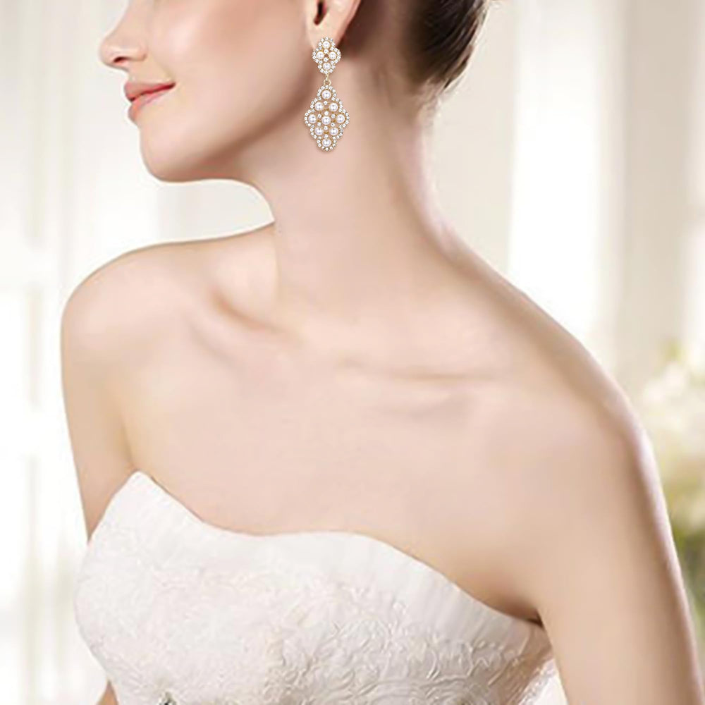 Wedding Bridal Clip On Earrings for Women Rhombus Crystal Simulated Pearl Hollow Chandelier Dangle Earrings Clear Gold-Toned