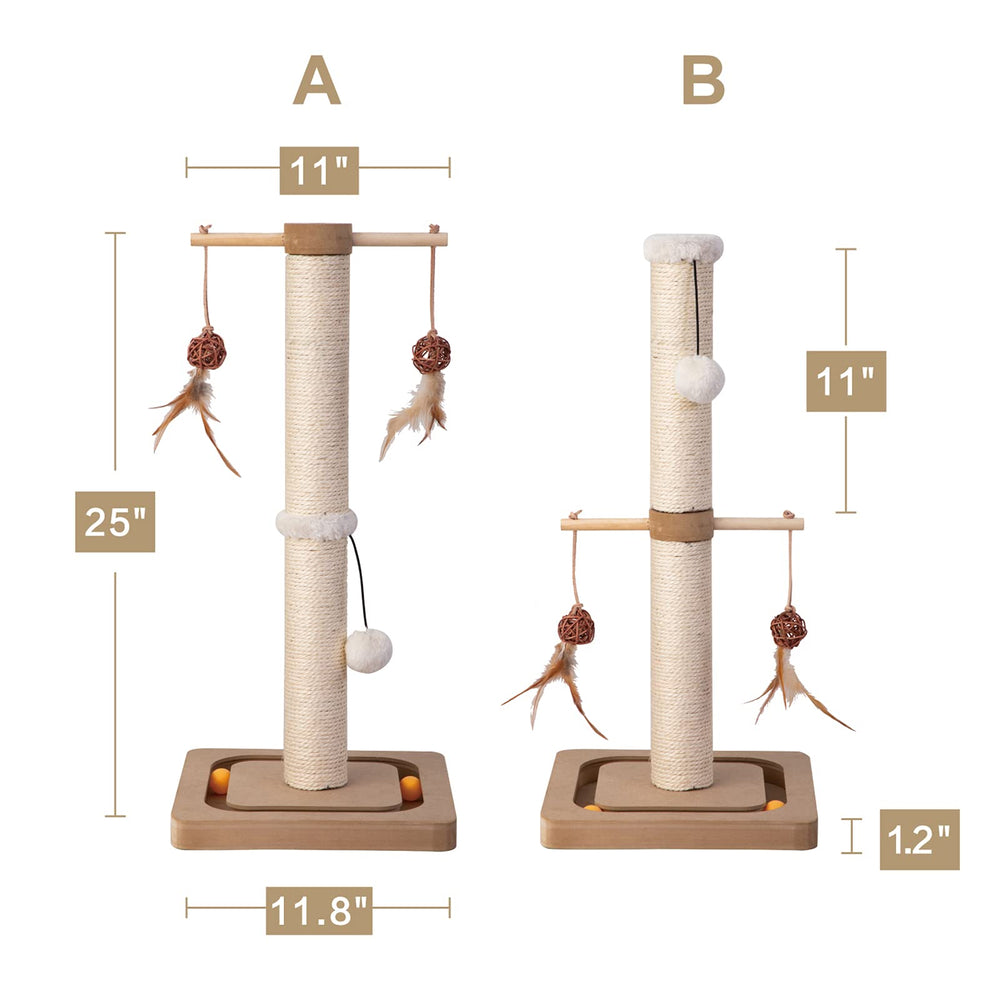 Cat Scratching Post Premium Sisal Scratch Posts with Tracking Interactive Toys Vertical Scratcher for Indoor Cats and Kittens- 25 inches Beige