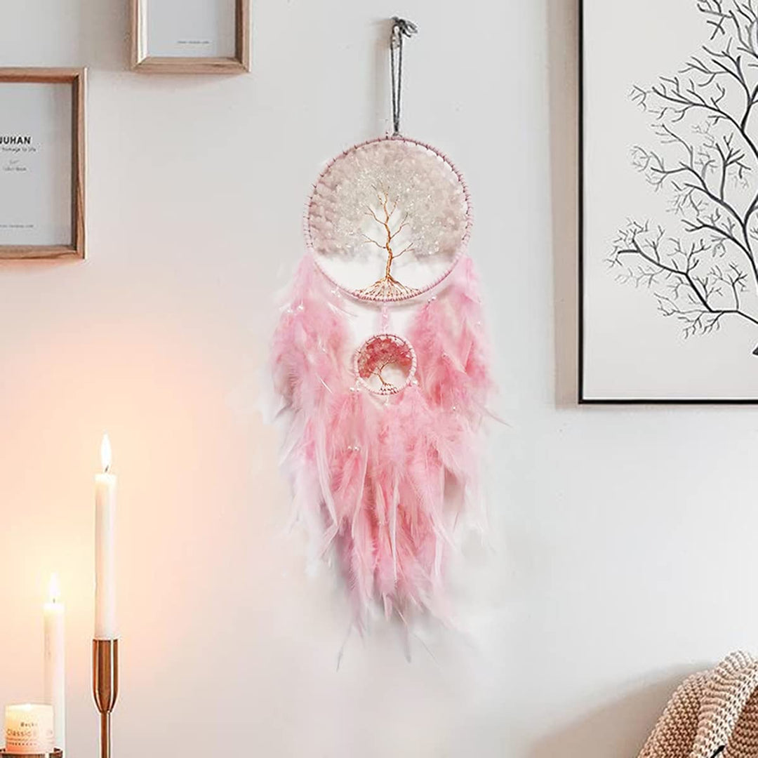Dream Catcher, Handmade Dreamcatcher with Healing Crystal Stone, Tree of Life Dream Catchers Hanging Ornament for Home Bedroom Birthday Party, Perfect Craft Gift for Kids (Double Pink)