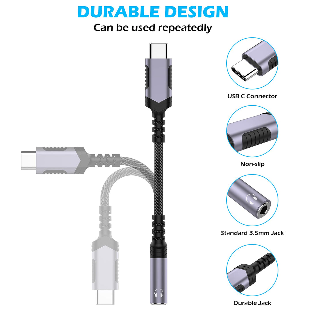 USB C to 3.5mm Audio Headphones Adapter for Samsung Galaxy S24 S23 Ultra S22 Plus S21 S20, Type C to Aux Earphone Dongle Cable DAC for iPhone 16 15 Pro Max iPad 10 Google Pixel 9 8 7 7A 6 OnePlus Grey