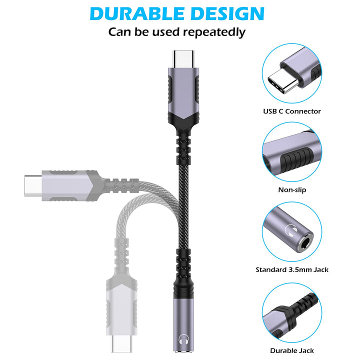USB C to 3.5mm Audio Headphones Adapter for Samsung Galaxy S24 S23 Ultra S22 Plus S21 S20, Type C to Aux Earphone Dongle Cable DAC for iPhone 16 15 Pro Max iPad 10 Google Pixel 9 8 7 7A 6 OnePlus Grey