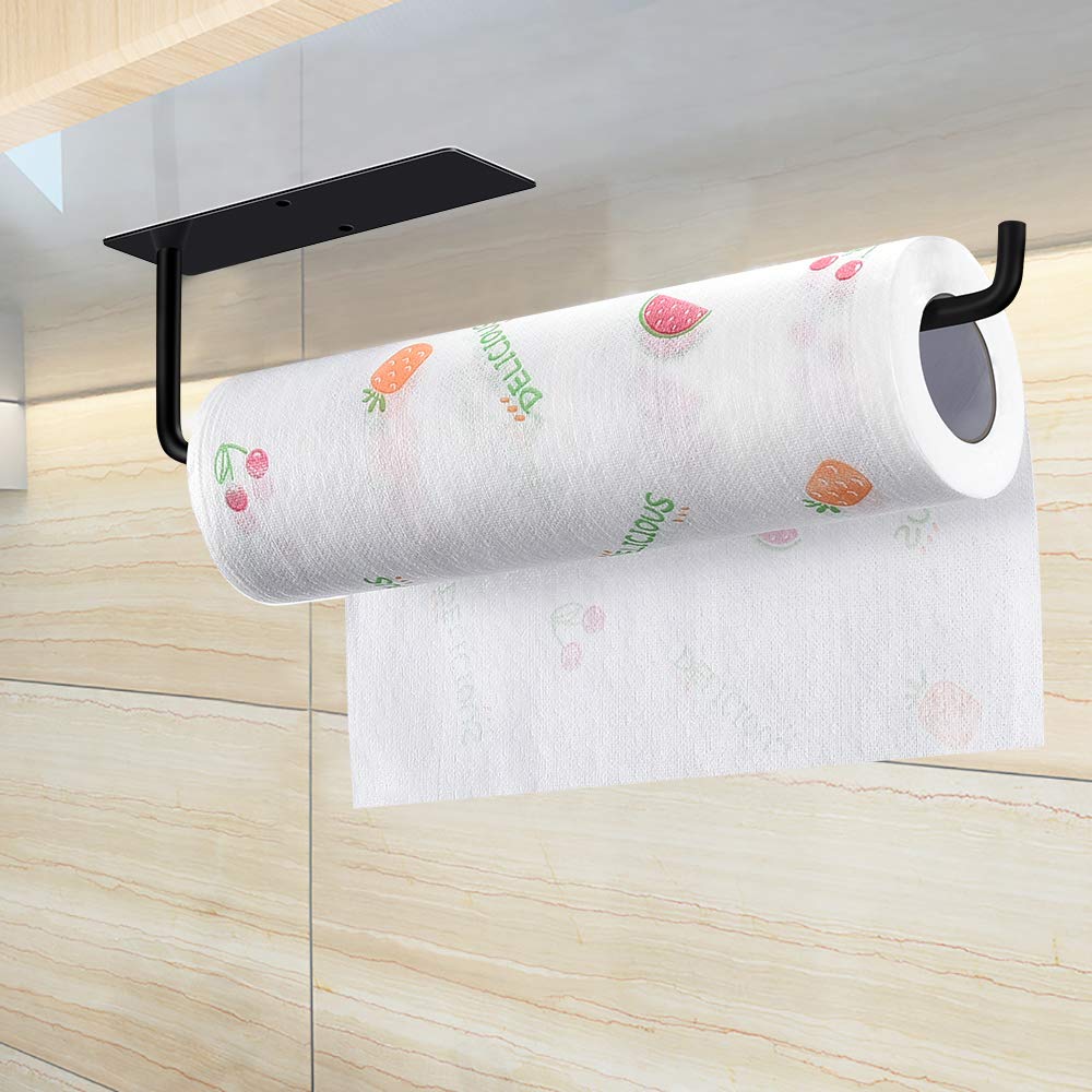 Wall Mount Paper Towel Holders Self Adhesive &amp; Drilling Kitchen Roll Holder Under Cabinet with Extra Long Size,Kitchen Roll Holder Black &amp; Silver for Home Kitchen and Bathroom