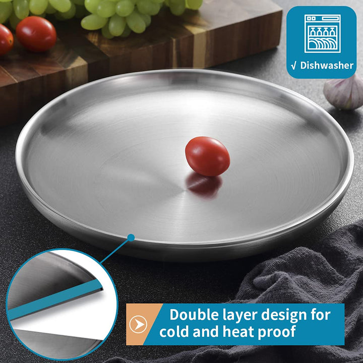 304 Stainless Steel Dinner Plates, 9 Double Layered Serving Plates, Brushed Metal Dishes for Camping, BBQ, Steak, Salad, Snack, Pack of 4