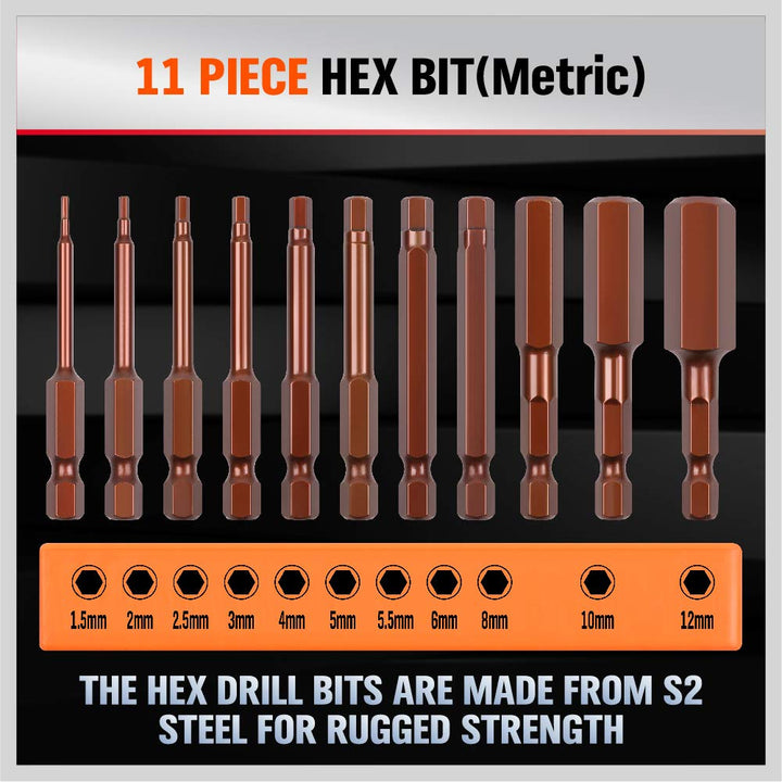 23-Piece Hex Head Allen Wrench Drill Bit Set, S2 Steel, Metric &amp; SAE Hex Bit Set, 2.3 Long