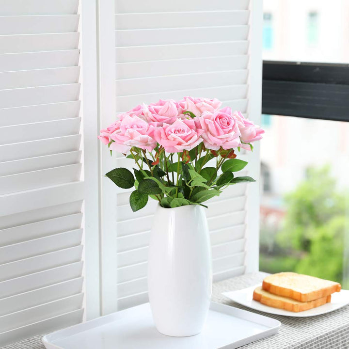 12pcs Artificial Roses Velvet Flowers with Long Stem Fake Roses Bouquet DIY for Home Garden Wedding Decor (Dark Red)