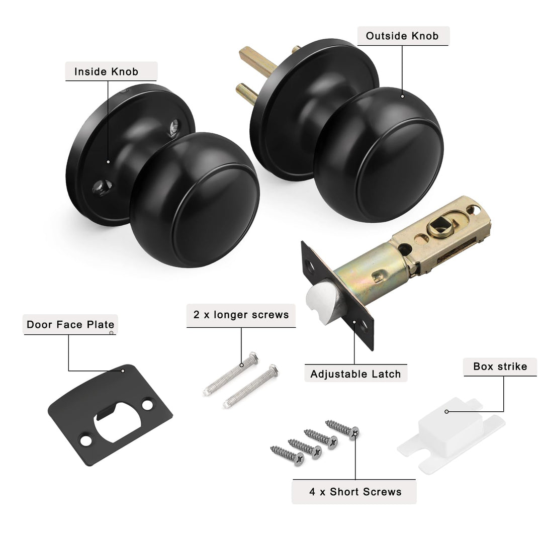 Keyless Passage Door Lockset Flat Ball Knob for Hall/Closet Black Color 1Pack