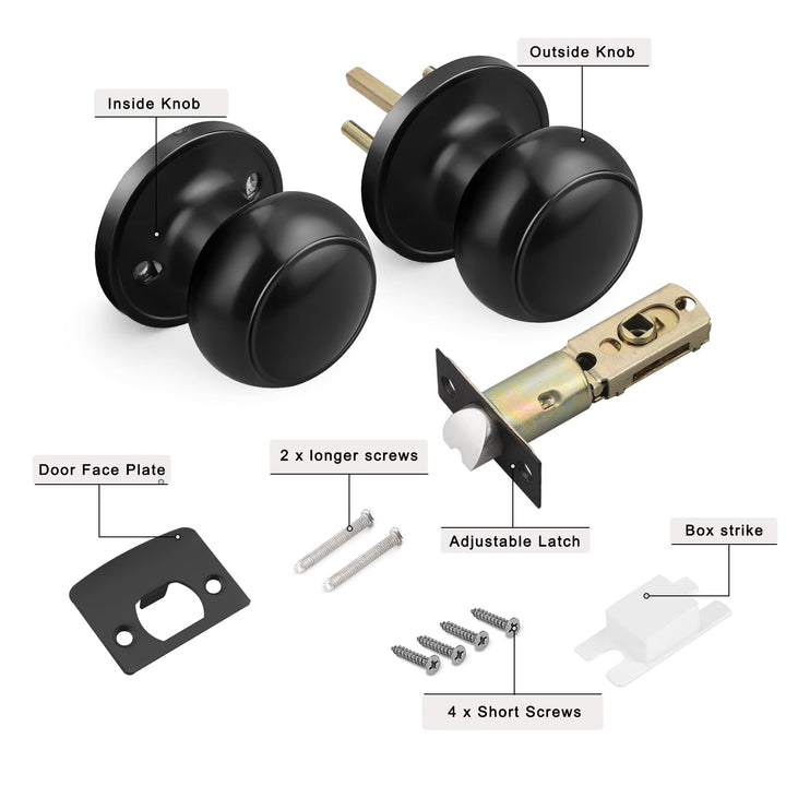 Keyless Passage Door Lockset Flat Ball Knob for Hall/Closet Black Color 1Pack