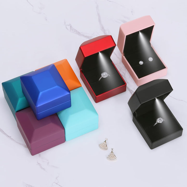2 Pieces Ring Earring Gift Box with LED light, Elegant Velvet Ring Case Jewelry Display for Proposal, Engagement, Wedding, Gift (Black)