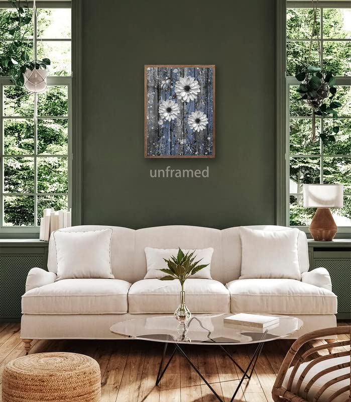 Rustic Farmhouse Dahlia Wall Art Bathroom Wall Decor Blue Dahlia Picture Rustic Blue Flowers Butterfly Canvas Print Painting Dahlia Wood Board Artwork for Bedroom Living Room Unframed