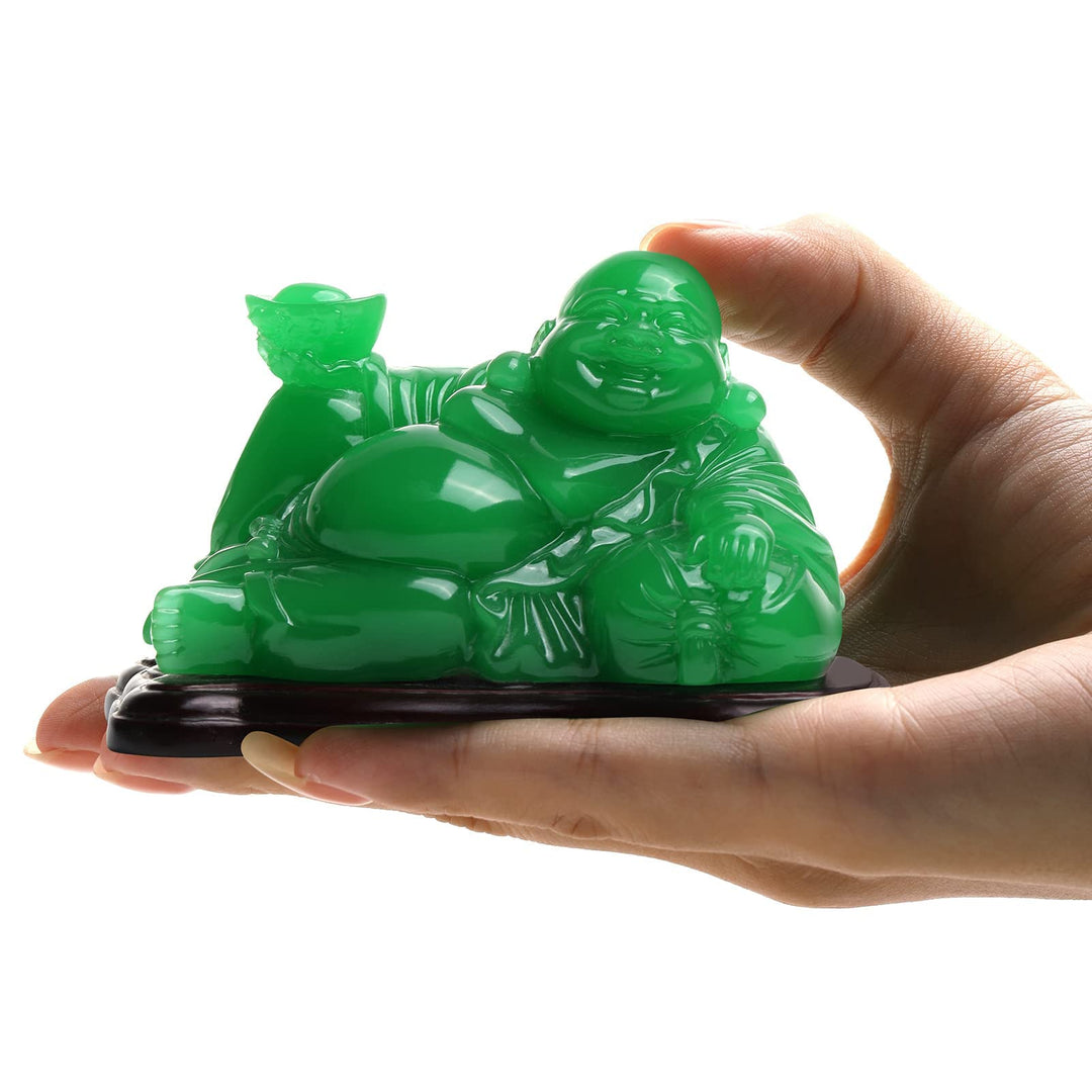 Happy Buddha Statue Green- Sitting Laughing Buddha Feng Shui Figurines Wealth and Good Luck for Home &amp; Office Décor - Inspirational Religious Happy Samll Gifts, 5.3*3.9*3.5inch