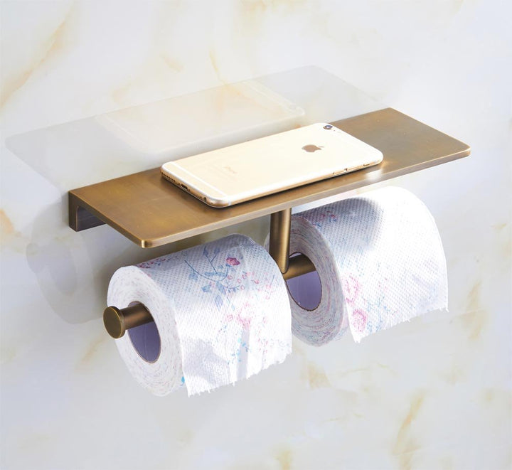 Sanliv Gold Toilet Paper Holder,Double Roll Toilet Paper Holder with Bathroom Storage Shelf,Wall Mount Brass Toilet Tissue Dispenser for Home and Hotel
