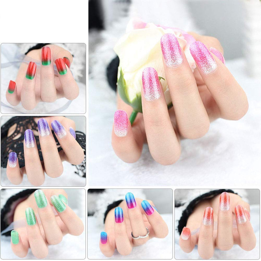 Glitter Adhesive Nail Art Tips Stickers Strips for Women Kids Girls, Fake Nail Design New Year Valentine Gift Gradient Color Dreamy Cocktail Set DIY Manicure Set 72PCS