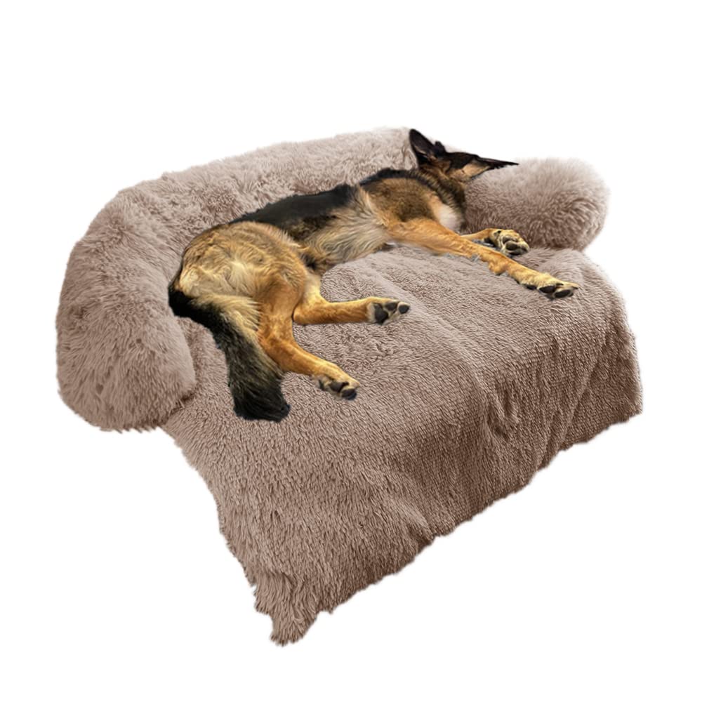 Calming Dog Bed Fluffy Plush Dog Mat for Furniture Protector with Removable Washable Cover for Large Medium Small Dogs and Cats (Large(45x37x6), Camel)