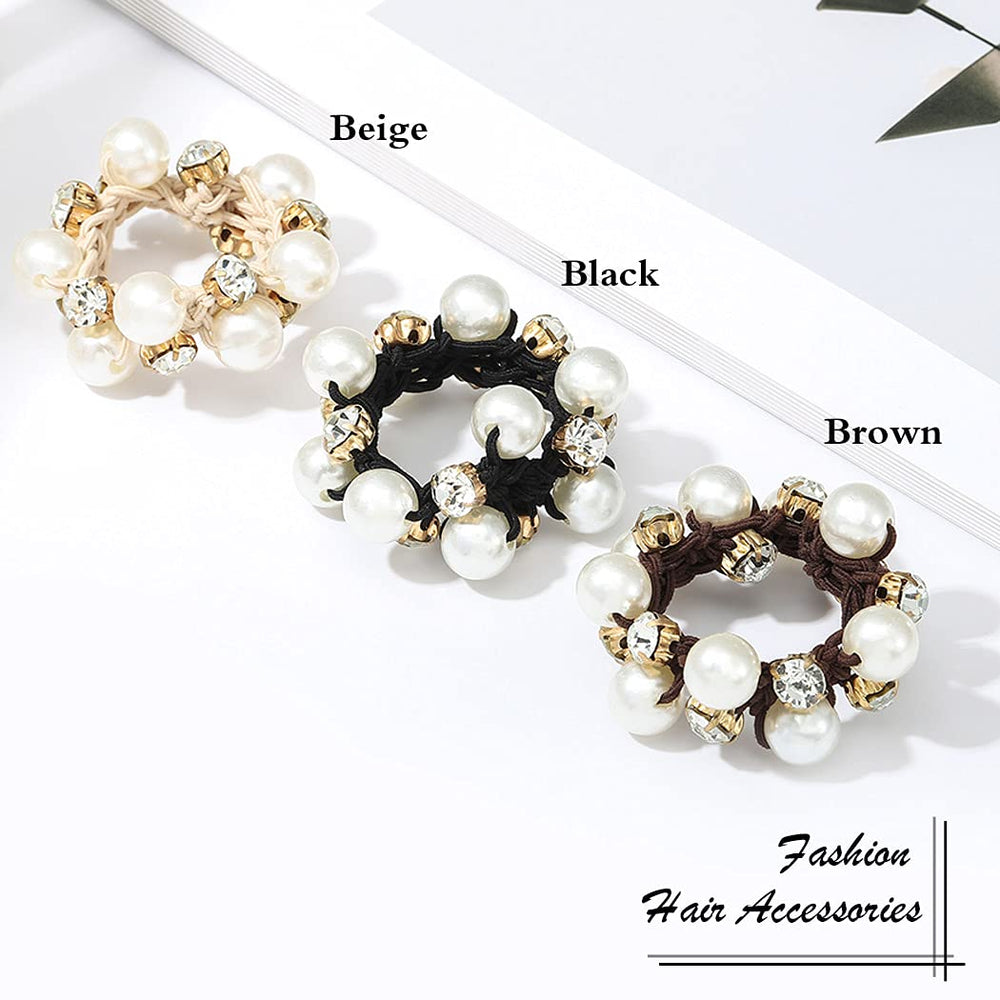 Pearl Hair Ties Black Ponytail Holders Elastic Crystal Hair Scrunchies Pearl Hair Accessories for Women and Girls (Pack of 3)