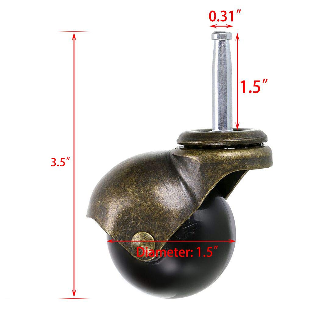 1.5 Inch Ball Caster Stem Caster Wheel with Sockets, Vintage Antique Swivel Caster for Furniture, Sofa, Wood Chair, Cabinet, Pack of 4