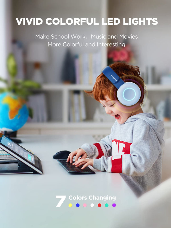 Kids Wireless Bluetooth Headphones with 7 Colorful LED Lights, 50H Playtime, Microphone, 85dB/94dB Volume Limited, Foldable On Ear Headphones for School/Girls/Boys/Fire Tablet, Blue