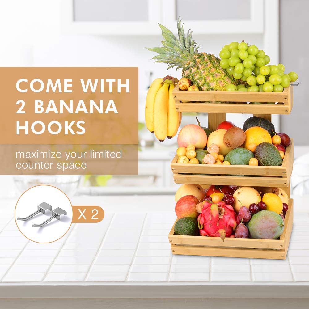 Bamboo Fruit Basket for Kitchen Counter, 3 Tier Fruit Basket Fruit Stand Holder for Fruit and Vegetable Storage, Fruit Bowl with Banana Hanger for Countertop (Easily Assembled)