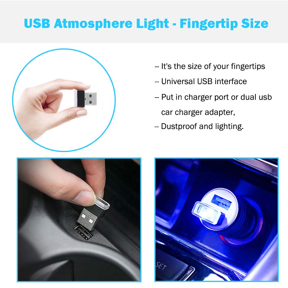 USB LED Atmosphere Lights Mini Car Interior Ambient Lighting Kit-Universal (White, 2 pcs)