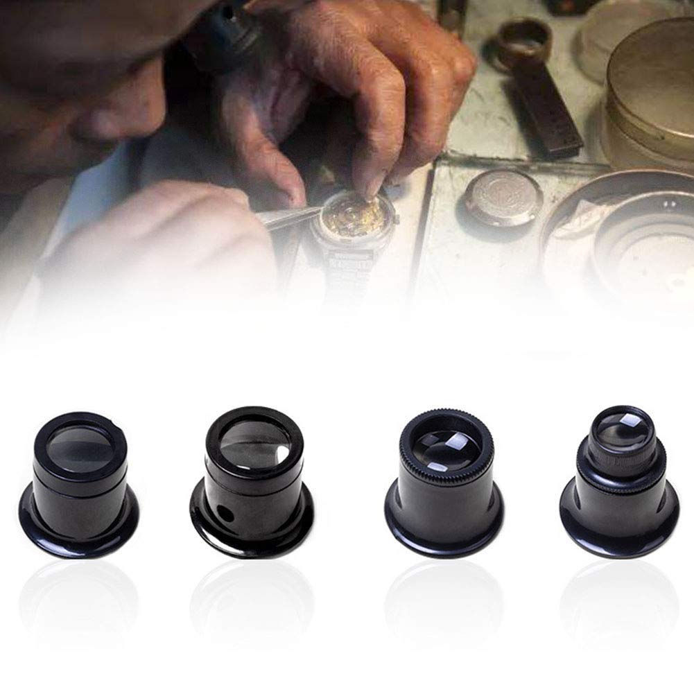 Loupe Eyeglass Magnifiers Set of 4 Different Strengths Watchmakers Repairs Tool - 5X, 10X,15X, 20X Magnification Jeweller’s Watchmaker Eye Loupe Magnifying Glass Set(Black)