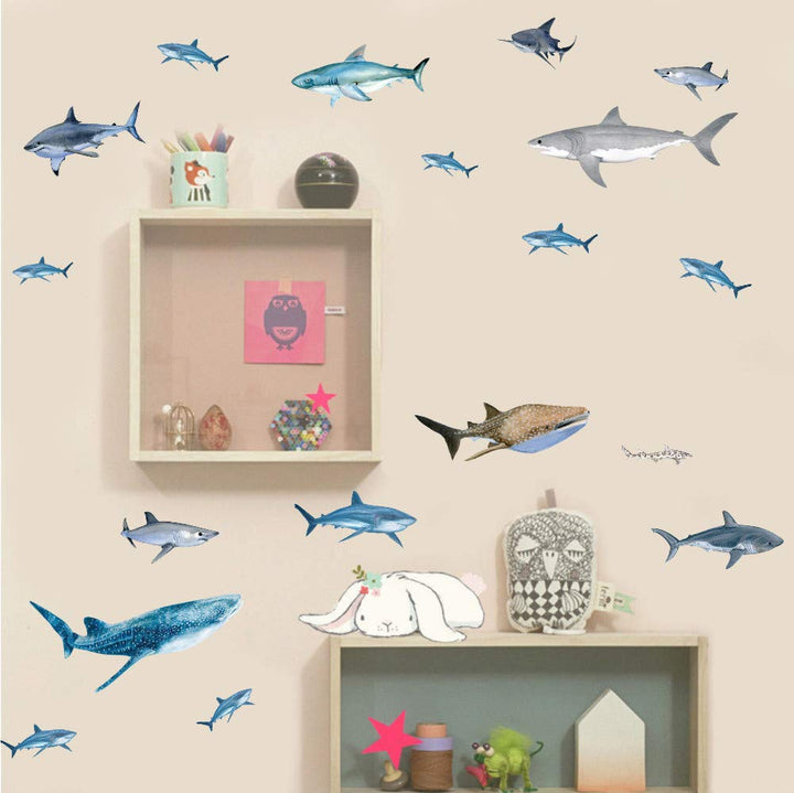 Ocean Animal Shark Wall Decal, Under The Sea Marine Life Theme Sticker for Kids Room Bathroom Nursery Undersea Fishes Wall Art Decor (35Pcs)