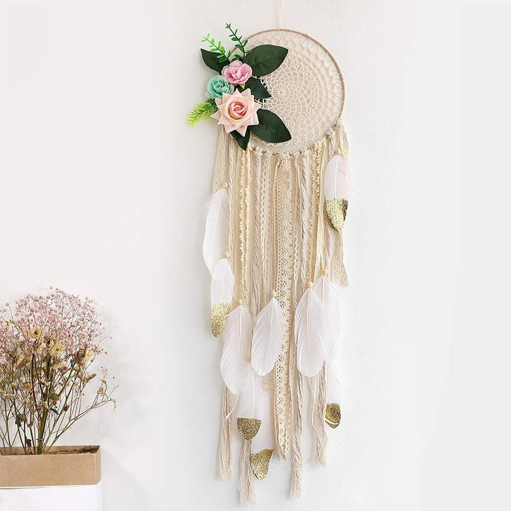 Dream Catcher for Kids Bedroom White and Gold Feather Dream Catchers with Flowers Wall Decor Handmade Room Hanging Wedding Decoration Crafts Gift