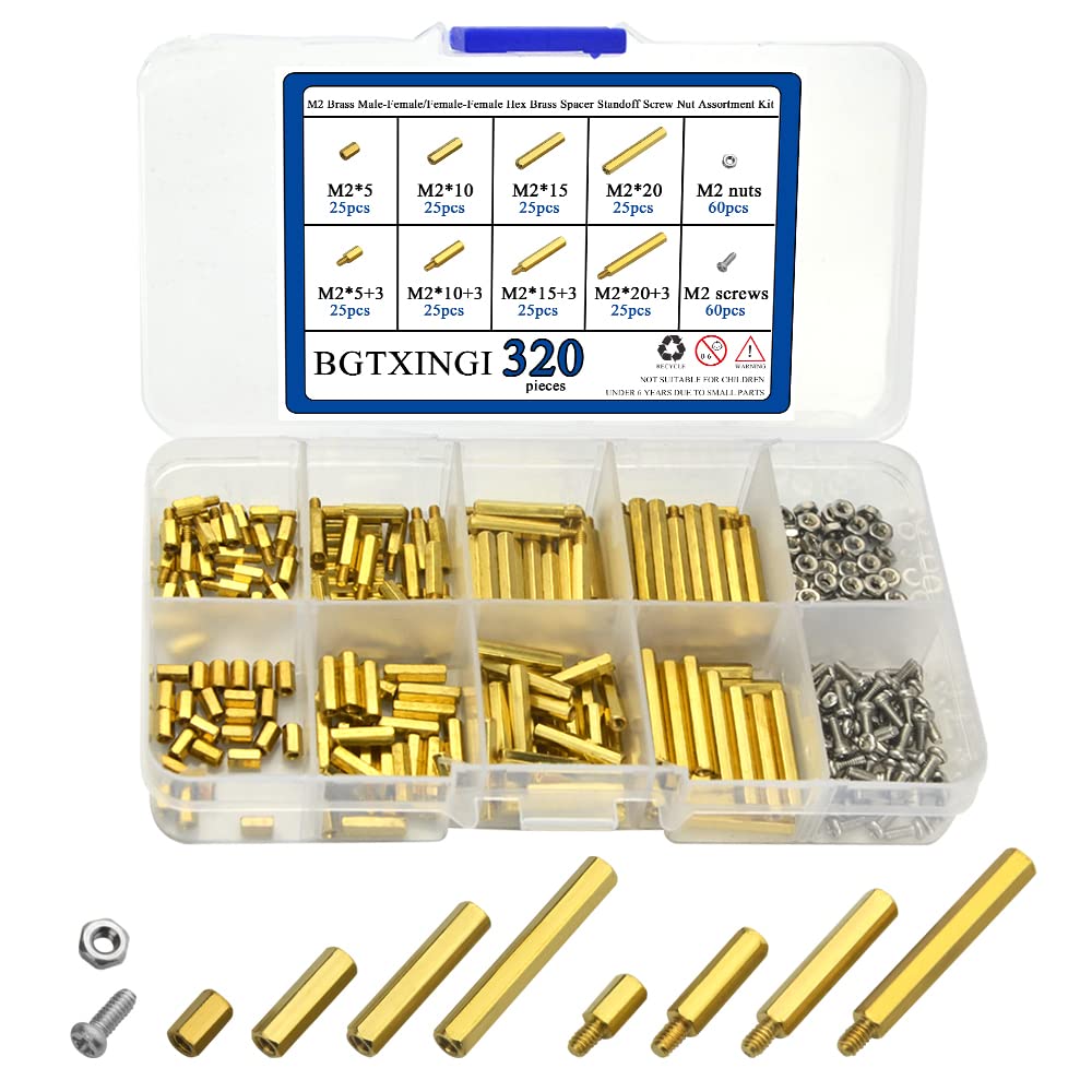 320PCS M2 Brass Male-Female/Female-Female Hex Brass Spacer Standoff Screw Nut Assortment Kit and Stainless Steel Screw Nut Set (Brass M2)