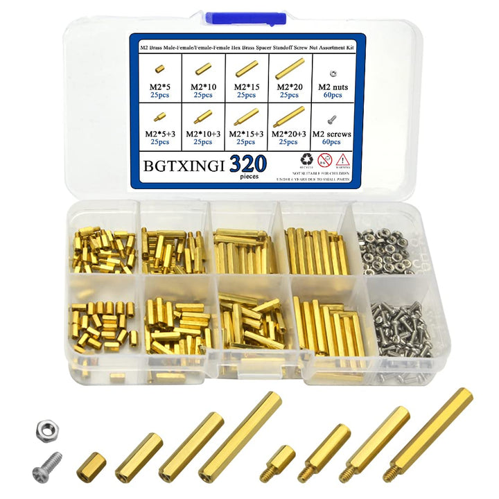 320PCS M2 Brass Male-Female/Female-Female Hex Brass Spacer Standoff Screw Nut Assortment Kit and Stainless Steel Screw Nut Set (Brass M2)