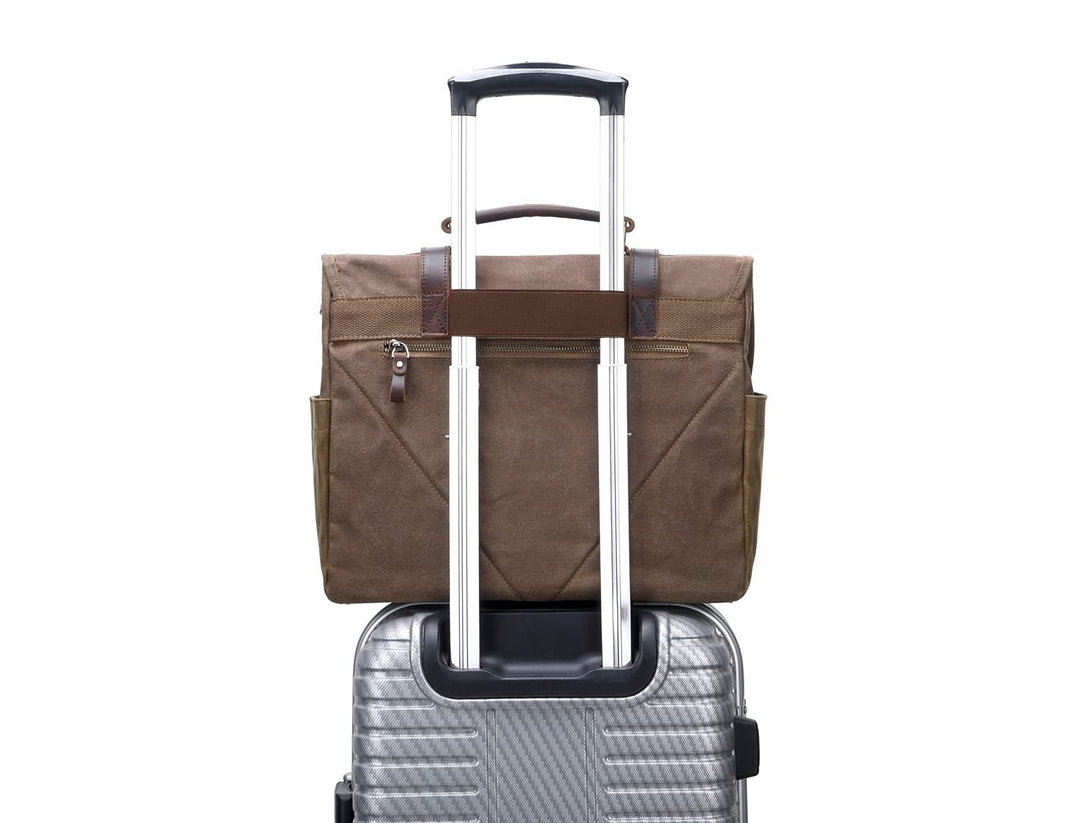 Messenger Bag for Men, 15.6 Inch Waterproof Vintage Genuine Leather Laptop Briefcase Waxed Canvas Large Computer Satchel bag Travel Leather Shoulder Work Bag with Key Bag (Brown)