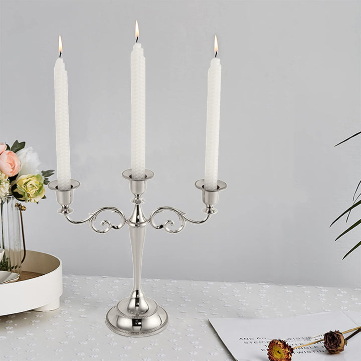 YOUEON 3 Arm Silver Candelabra, Candelabra Candle Holder, 10 Inch Tall Candlesticks Holder, Elegant Taper Candle Holder Centerpiece for Wedding, Church, Halloween, Dining, Home Decor