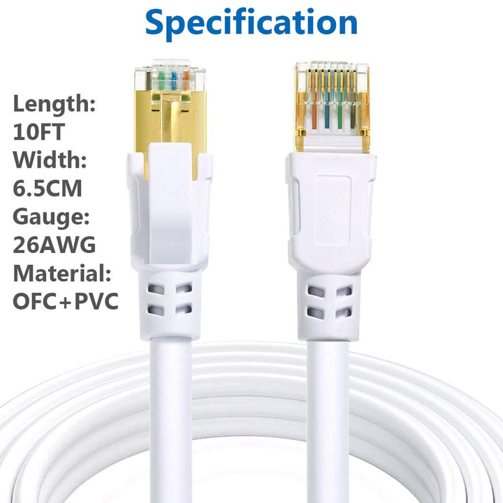 Cat 8 Ethernet Cable 10ft Internet Network LAN Patch Cable Cord Shielded High Speed 40Gbps 2000Mhz RJ45 Cables for Gaming, Router, PS4, Xbox - Compatible with Cat7/Cat6a/Cat5e Network – White