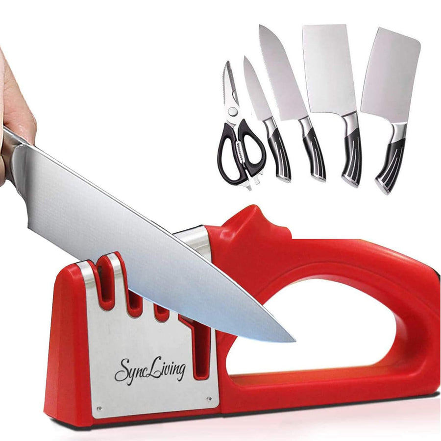 Knife and Scissor Sharpeners,4 Stage Knife Sharpener, 4-in-1 Knife and Scissors Sharpener with Diamond, Ceramic, Tungsten, Kitchen Tools for Kinds of Knives, Red