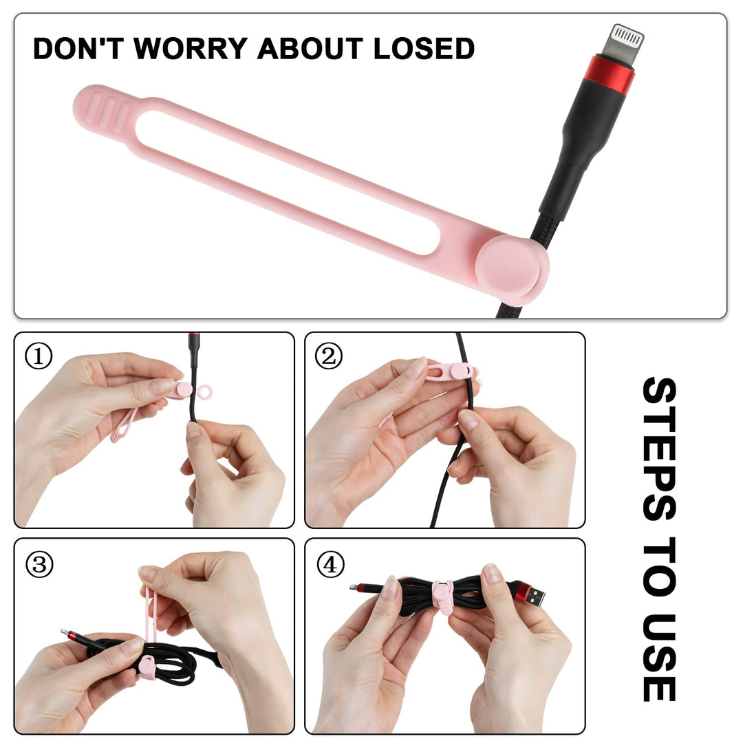 16Pcs Silicone Cable Straps Wire Organizer for Bundling Earphone, Phone Charger, Computer Cords, Reusable Cable Ties Cord Organizer in Home,Office,Kitchen,School(Pink)