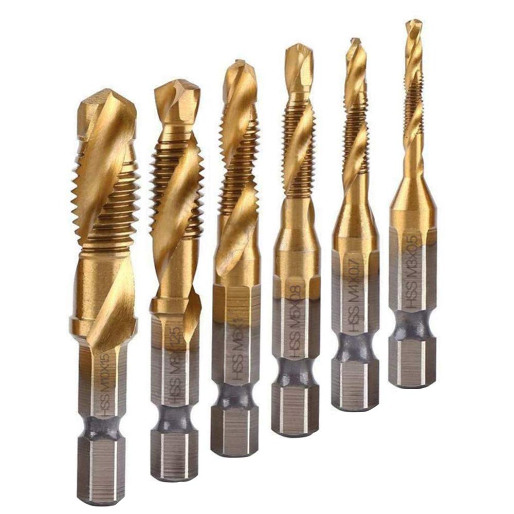 6Pcs Titanium Combination Drill and Tap Bit Set, Metric Drill Tap Bits Screw Tapping Bit Tool 1/4 Hex Shank 3 Functions in 1