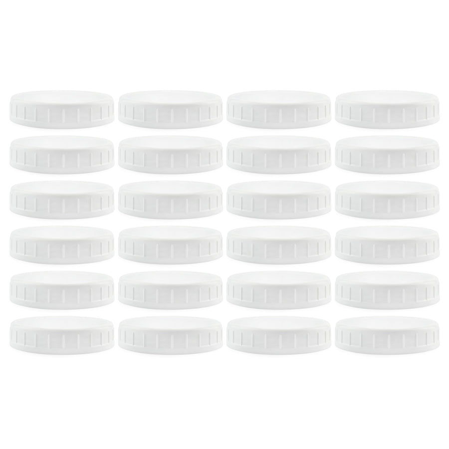 Wide Mouth Plastic Mason Jar Lids (24-Pack Bundle); 2 Dozen Unlined White Ribbed Lids, 86-450 Size