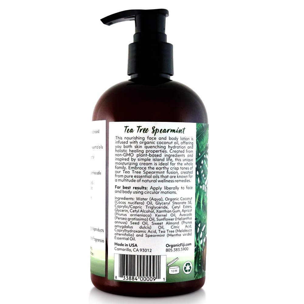 Moisturizing Face and Body Organic Coconut Oil Lotion Tea Tree Spearmint 12 Ounce