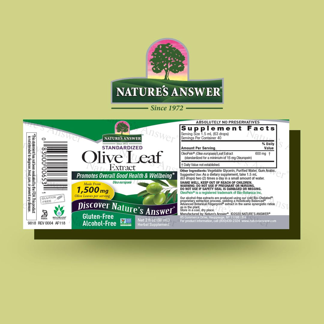 Nature&#39;s Answer Olive Leaf Extract, Alcohol-Free, Non-GMO, Vegan, Gluten-Free, Made in USA, 2 Ounce | Olive Extract Support | Olive Leaf Extract Capsules for Wellness