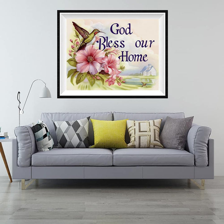 Round Full Drill Diamond Painting Set, 5D God Bless Our Home Paint with Diamonds God Bless Home Diamond Art Painting by Numbers Adult Beginner Diamond Painting Room Decor (16X12 inches)