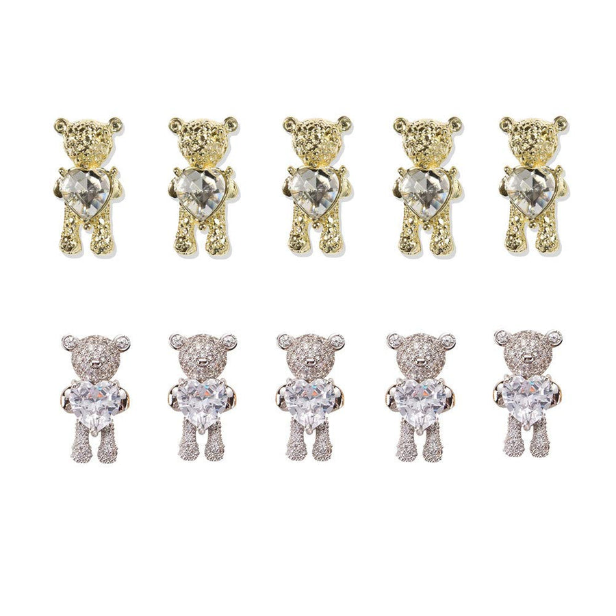 10 Pcs Shiny Zircon Alloy Bear 3D Nail Art Decorations With Heart Crystal Luxury Jewelry Manicure Design Accessories